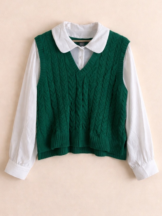 Christian Siriano Sweaters - Christian Siriano White Collared Blouse Green Cable Knit Sweater Vest Preppy